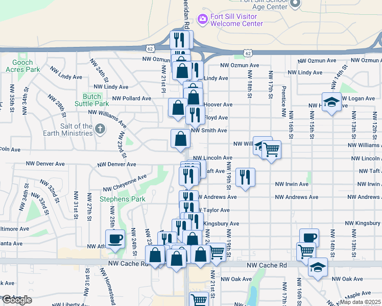 map of restaurants, bars, coffee shops, grocery stores, and more near 2101 Northwest Denver Avenue in Lawton