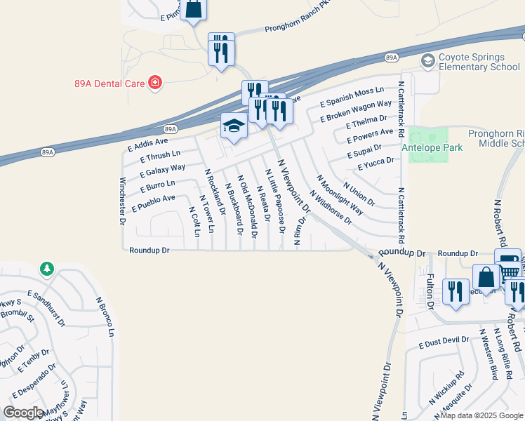 map of restaurants, bars, coffee shops, grocery stores, and more near 6091 North Old McDonald Drive in Prescott Valley
