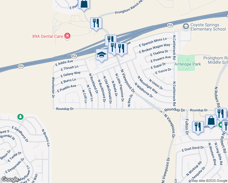 map of restaurants, bars, coffee shops, grocery stores, and more near 6091 North Old McDonald Drive in Prescott Valley