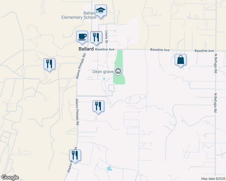 map of restaurants, bars, coffee shops, grocery stores, and more near 1642 Alamo Pintado Rd in Solvang