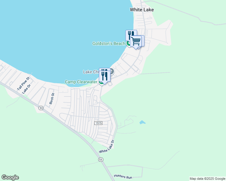 map of restaurants, bars, coffee shops, grocery stores, and more near Melwood Drive in White Lake