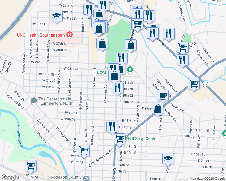map of restaurants, bars, coffee shops, grocery stores, and more near 301-309 E 19th St in Lumberton
