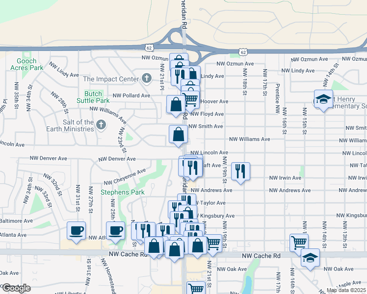 map of restaurants, bars, coffee shops, grocery stores, and more near 2214 Northwest Sheridan Road in Lawton
