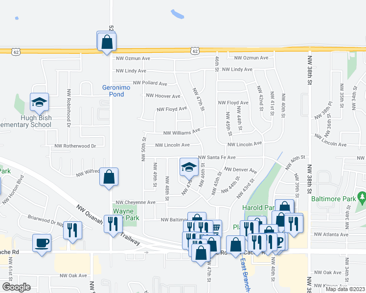 map of restaurants, bars, coffee shops, grocery stores, and more near 4614 Northwest Lincoln Avenue in Lawton