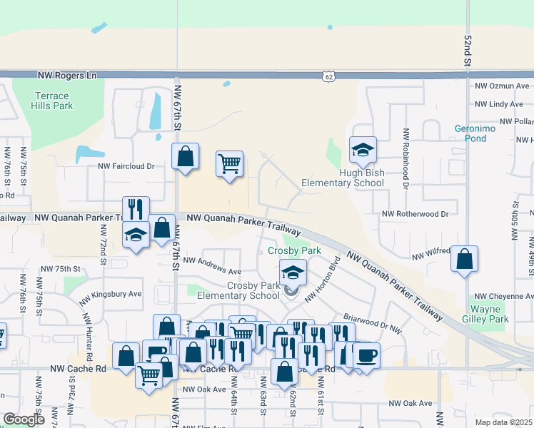 map of restaurants, bars, coffee shops, grocery stores, and more near 2203 Northwest Crosby Boulevard in Lawton