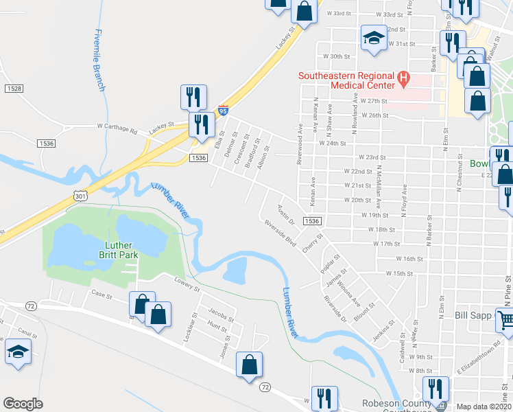 map of restaurants, bars, coffee shops, grocery stores, and more near 1931 Riverside Boulevard in Lumberton