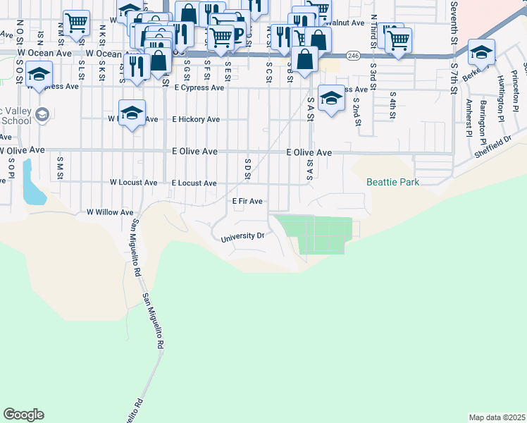 map of restaurants, bars, coffee shops, grocery stores, and more near 539 South C Street in Lompoc