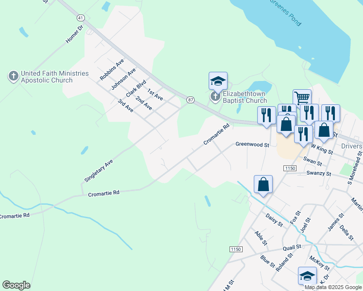 map of restaurants, bars, coffee shops, grocery stores, and more near 214 Cromartie Road in Elizabethtown