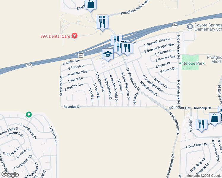 map of restaurants, bars, coffee shops, grocery stores, and more near 6100 North Buckboard Drive in Prescott Valley