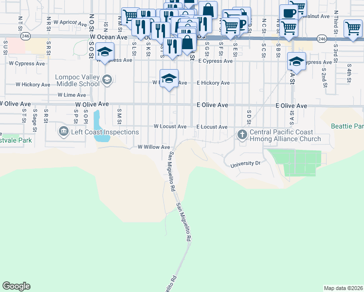map of restaurants, bars, coffee shops, grocery stores, and more near 540 South I Street in Lompoc