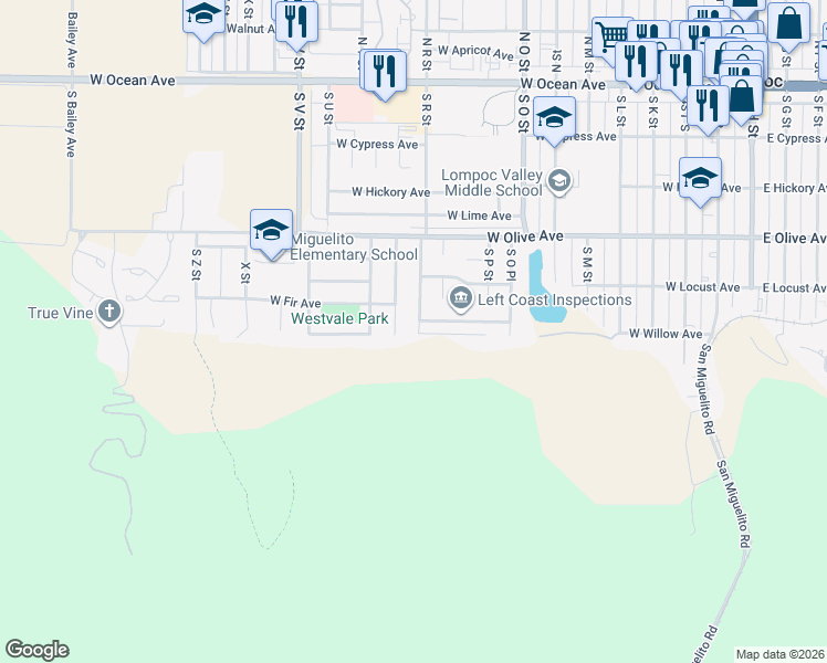 map of restaurants, bars, coffee shops, grocery stores, and more near 532 South Sage Street in Lompoc