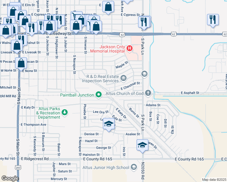 map of restaurants, bars, coffee shops, grocery stores, and more near 933 East Katy Drive in Altus