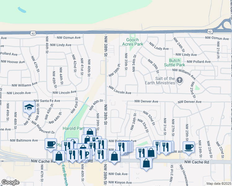 map of restaurants, bars, coffee shops, grocery stores, and more near 1608 Northwest 37th Street in Lawton