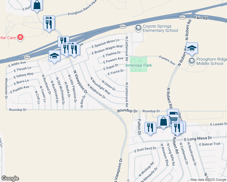 map of restaurants, bars, coffee shops, grocery stores, and more near 6119 North Moonlight Way in Prescott Valley