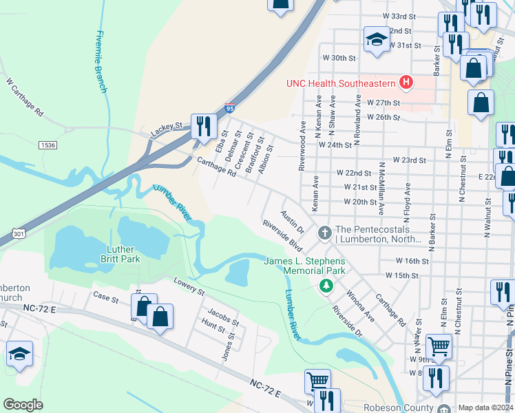 map of restaurants, bars, coffee shops, grocery stores, and more near 1933 Riverside Boulevard in Lumberton