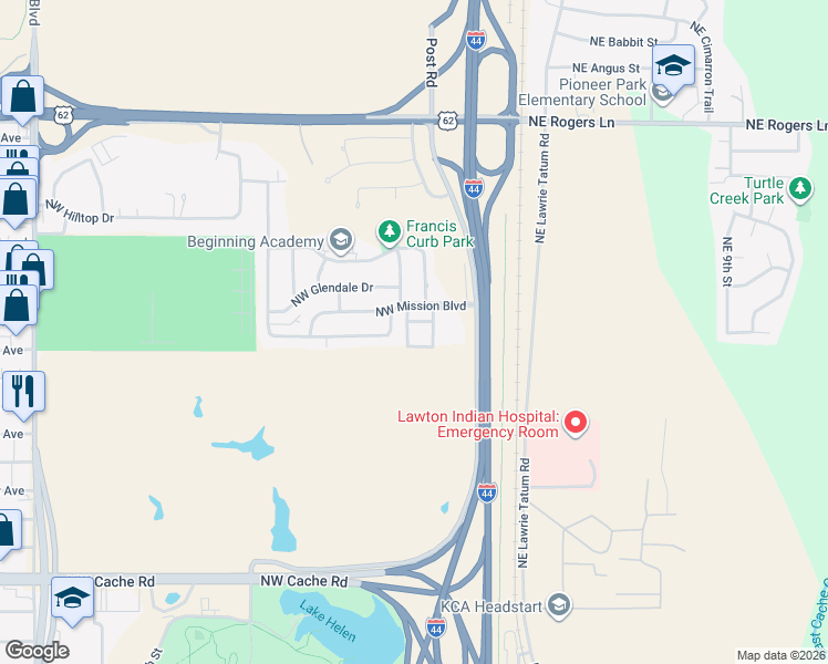 map of restaurants, bars, coffee shops, grocery stores, and more near 20 Northwest Mission Boulevard in Lawton