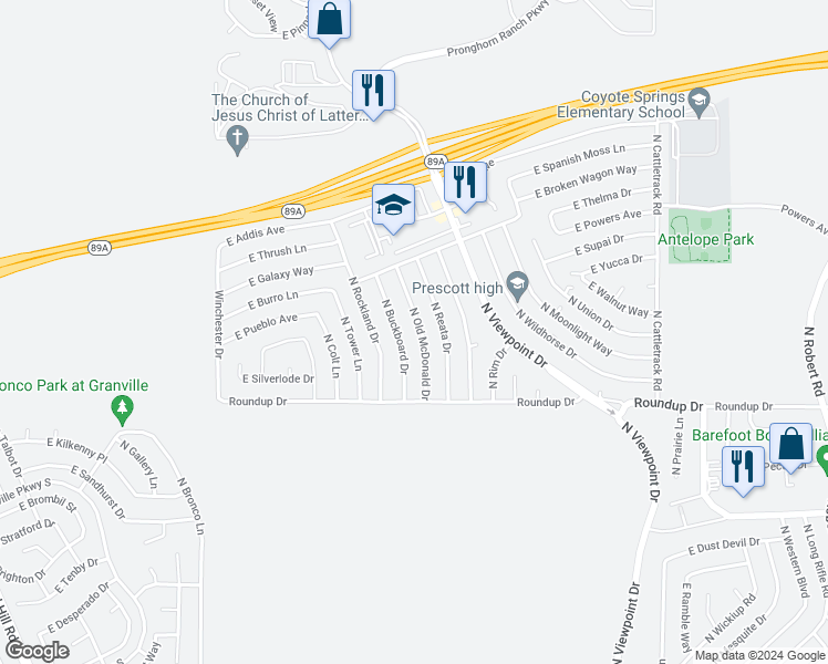 map of restaurants, bars, coffee shops, grocery stores, and more near 6144 North Old McDonald Drive in Prescott Valley
