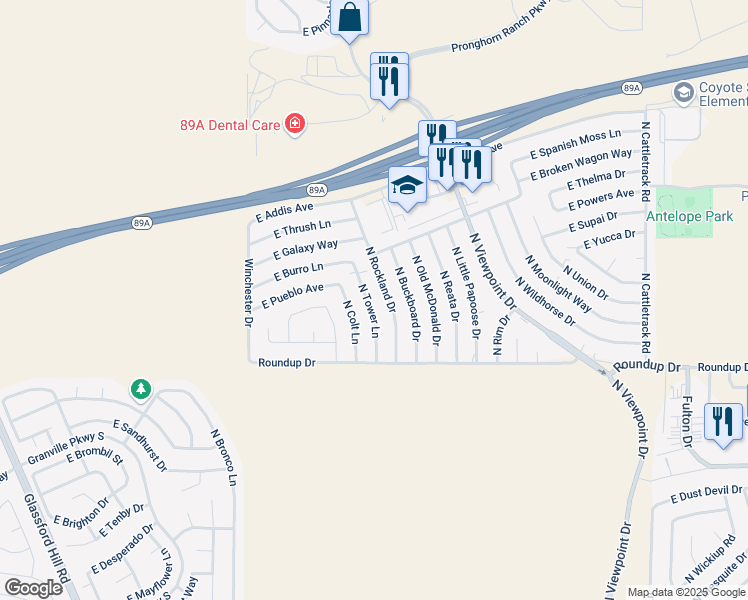 map of restaurants, bars, coffee shops, grocery stores, and more near 6101 North Tower Lane in Prescott Valley