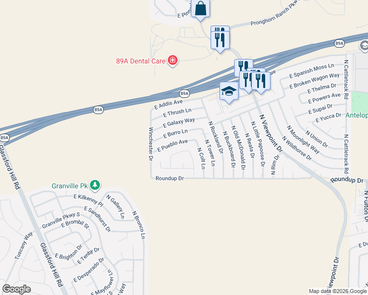 map of restaurants, bars, coffee shops, grocery stores, and more near 7131 East Dodge Circle in Prescott Valley
