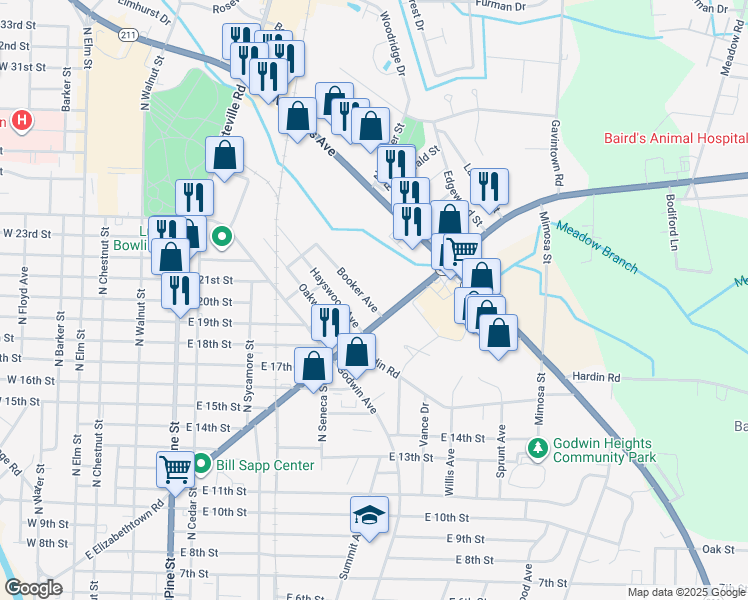 map of restaurants, bars, coffee shops, grocery stores, and more near 2102 Decor Street in Lumberton