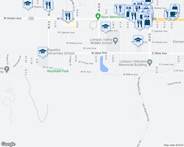 map of restaurants, bars, coffee shops, grocery stores, and more near 808 West Fir Avenue in Lompoc