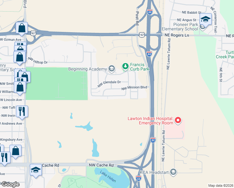map of restaurants, bars, coffee shops, grocery stores, and more near 428 Northwest Greenmeadow Drive in Lawton