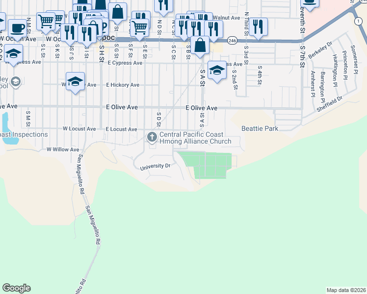 map of restaurants, bars, coffee shops, grocery stores, and more near 536 South B Street in Lompoc