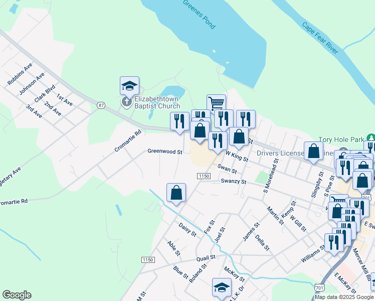 map of restaurants, bars, coffee shops, grocery stores, and more near 1415 Greenwood Street in Elizabethtown