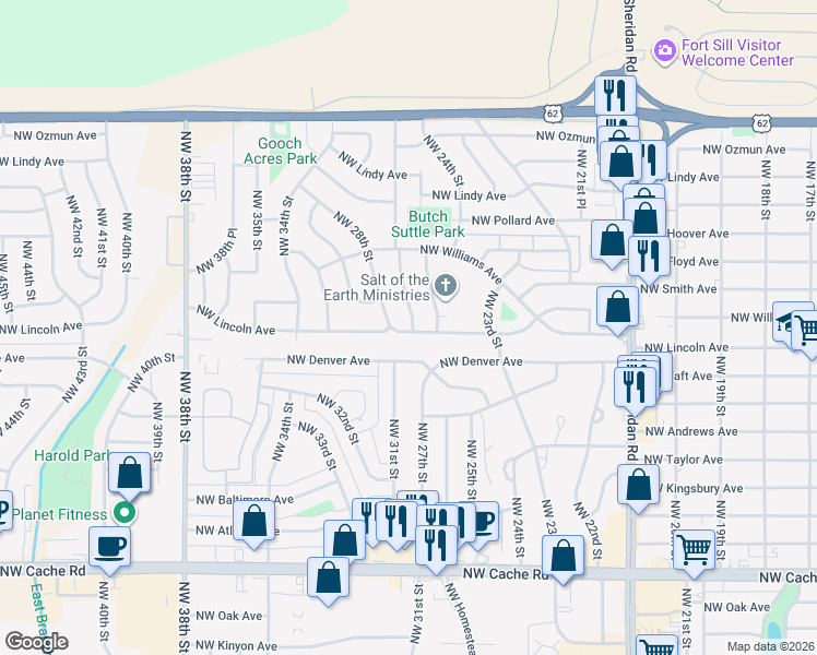 map of restaurants, bars, coffee shops, grocery stores, and more near 2212 Northwest 26th Street in Lawton