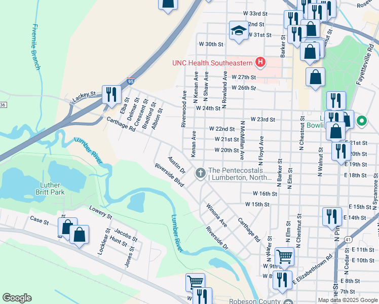 map of restaurants, bars, coffee shops, grocery stores, and more near 701 West 20th Street in Lumberton