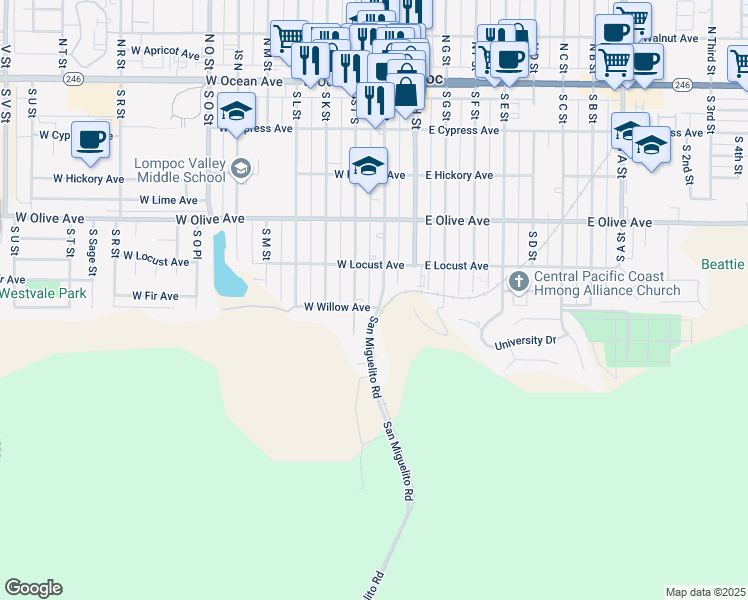 map of restaurants, bars, coffee shops, grocery stores, and more near 533 South I Street in Lompoc