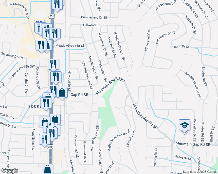 map of restaurants, bars, coffee shops, grocery stores, and more near 11412 Crestfield Drive Southeast in Huntsville