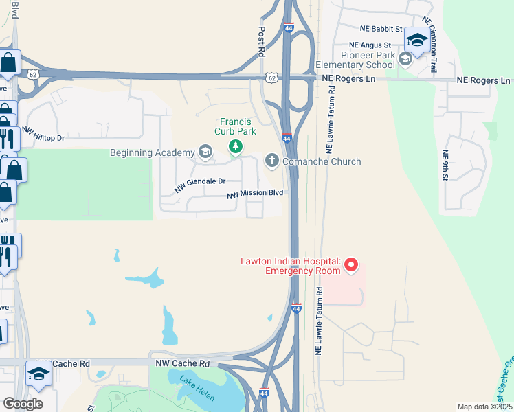 map of restaurants, bars, coffee shops, grocery stores, and more near 215 Northwest Mission Boulevard in Lawton