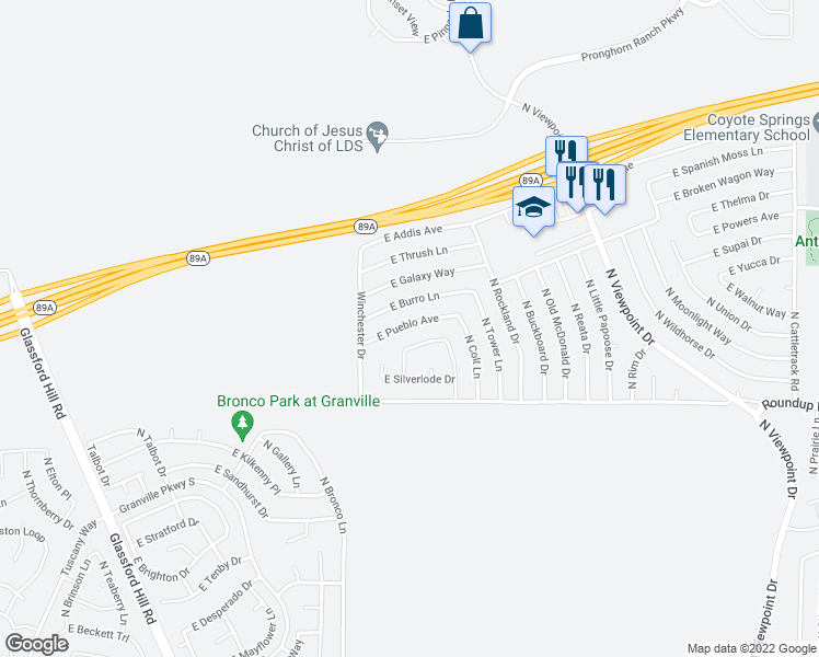 map of restaurants, bars, coffee shops, grocery stores, and more near 7101 East Pueblo Avenue in Prescott Valley