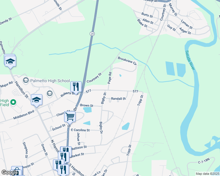 map of restaurants, bars, coffee shops, grocery stores, and more near 125 Page Road in Pelzer