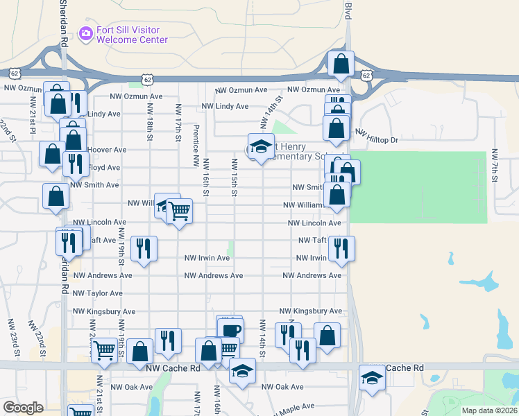 map of restaurants, bars, coffee shops, grocery stores, and more near 1406 Northwest Smith Avenue in Lawton