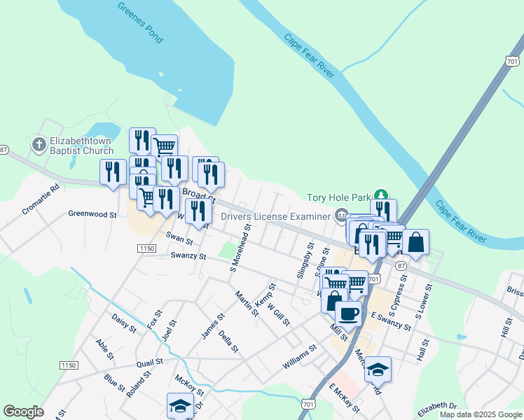 map of restaurants, bars, coffee shops, grocery stores, and more near 704 West Broad Street in Elizabethtown