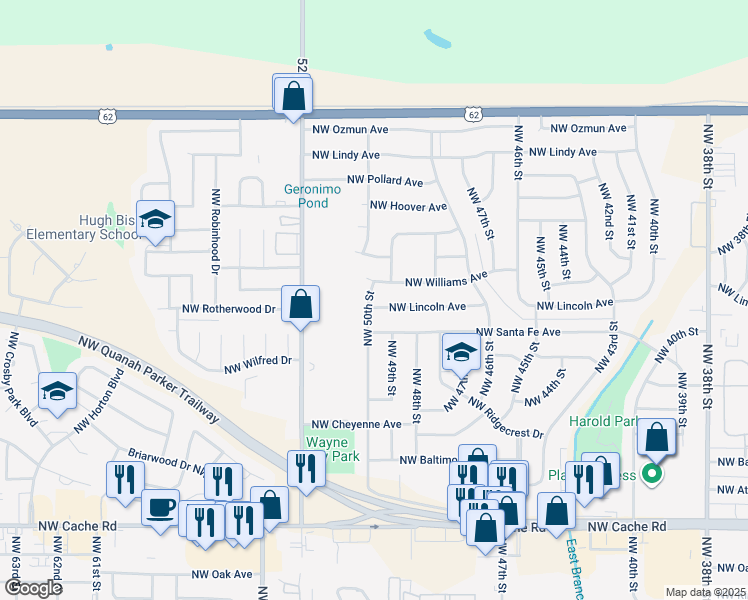 map of restaurants, bars, coffee shops, grocery stores, and more near 2201 Northwest 50th Street in Lawton