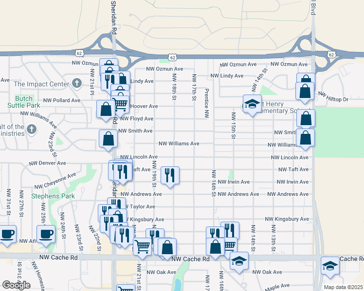 map of restaurants, bars, coffee shops, grocery stores, and more near 2307 Northwest 18th Street in Lawton