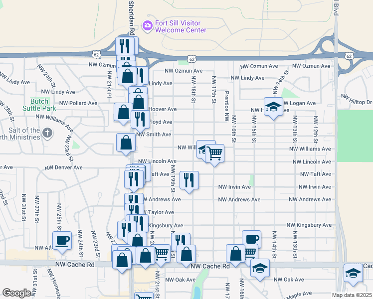 map of restaurants, bars, coffee shops, grocery stores, and more near 1808 Northwest Williams Avenue in Lawton