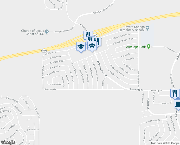 map of restaurants, bars, coffee shops, grocery stores, and more near 6150 North Reata Drive in Prescott Valley