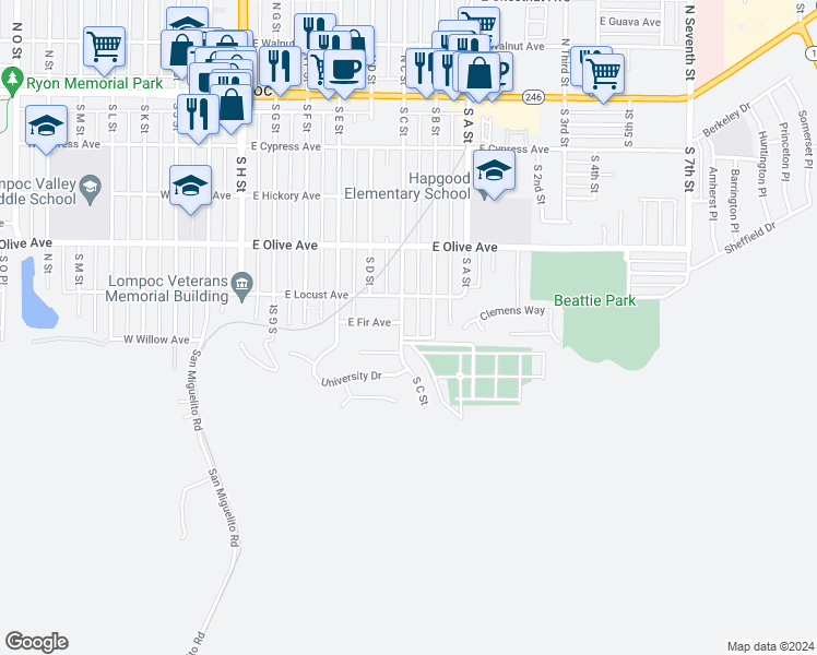 map of restaurants, bars, coffee shops, grocery stores, and more near 520 South C Street in Lompoc
