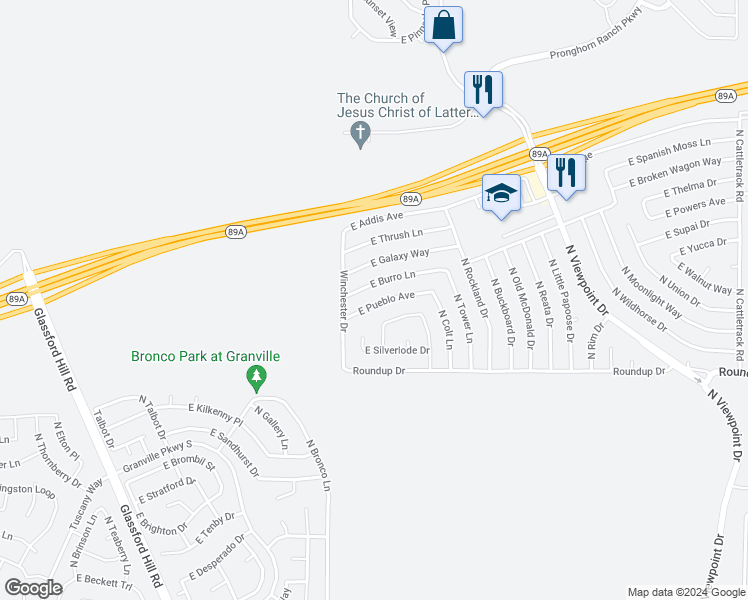 map of restaurants, bars, coffee shops, grocery stores, and more near 7080 East Pueblo Avenue in Prescott Valley
