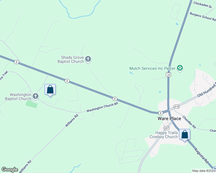 map of restaurants, bars, coffee shops, grocery stores, and more near 106 New Shady Grove Church Road in Pelzer