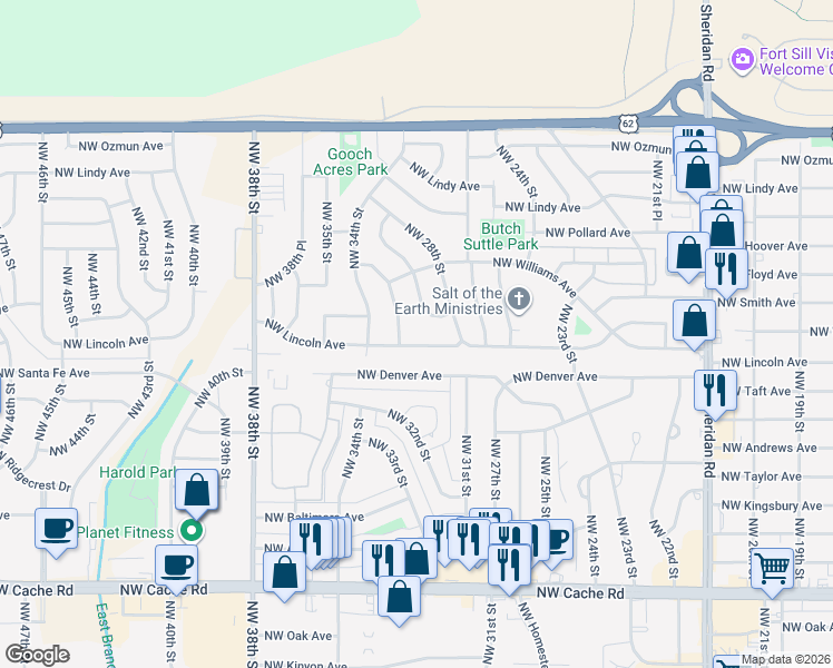 map of restaurants, bars, coffee shops, grocery stores, and more near 2310 Northwest 30th Street in Lawton