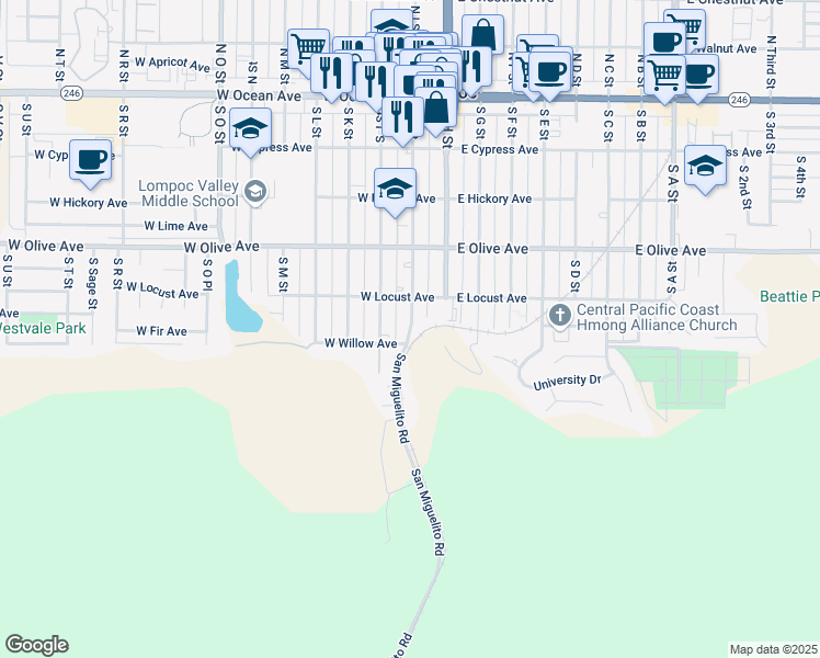 map of restaurants, bars, coffee shops, grocery stores, and more near 537 South I Street in Lompoc