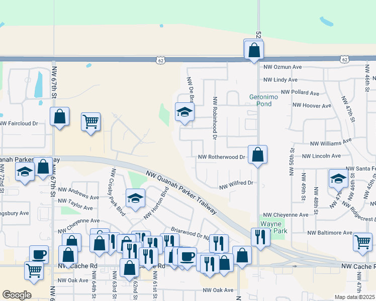 map of restaurants, bars, coffee shops, grocery stores, and more near 2402 Northwest Nottingham Road in Lawton
