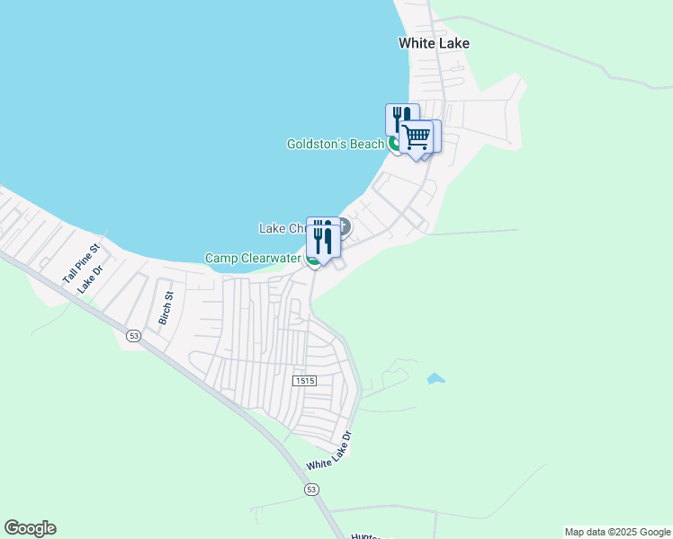 map of restaurants, bars, coffee shops, grocery stores, and more near Melwood Drive in White Lake
