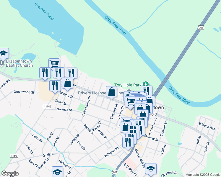 map of restaurants, bars, coffee shops, grocery stores, and more near 106 North Craig Street in Elizabethtown