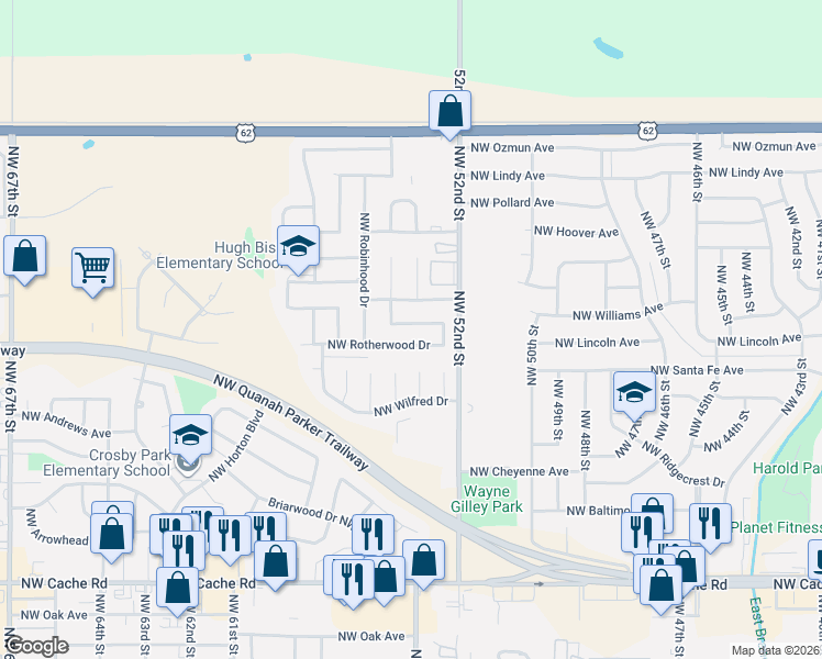 map of restaurants, bars, coffee shops, grocery stores, and more near 2319 Northwest Dunstan Lane in Lawton
